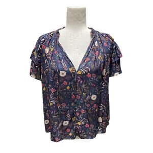 Anthropologie Caballero Flutter Sleeve Short Sleeve Blouse Blue Floral Size XS